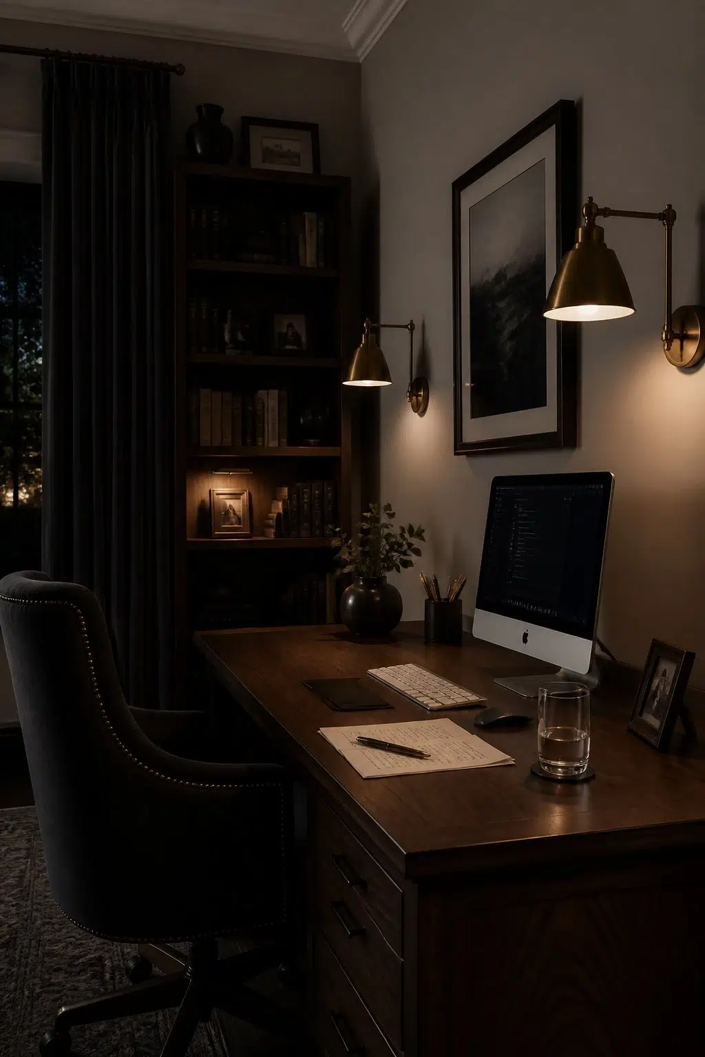 Sherwin-Williams Armadillo in a moody home office