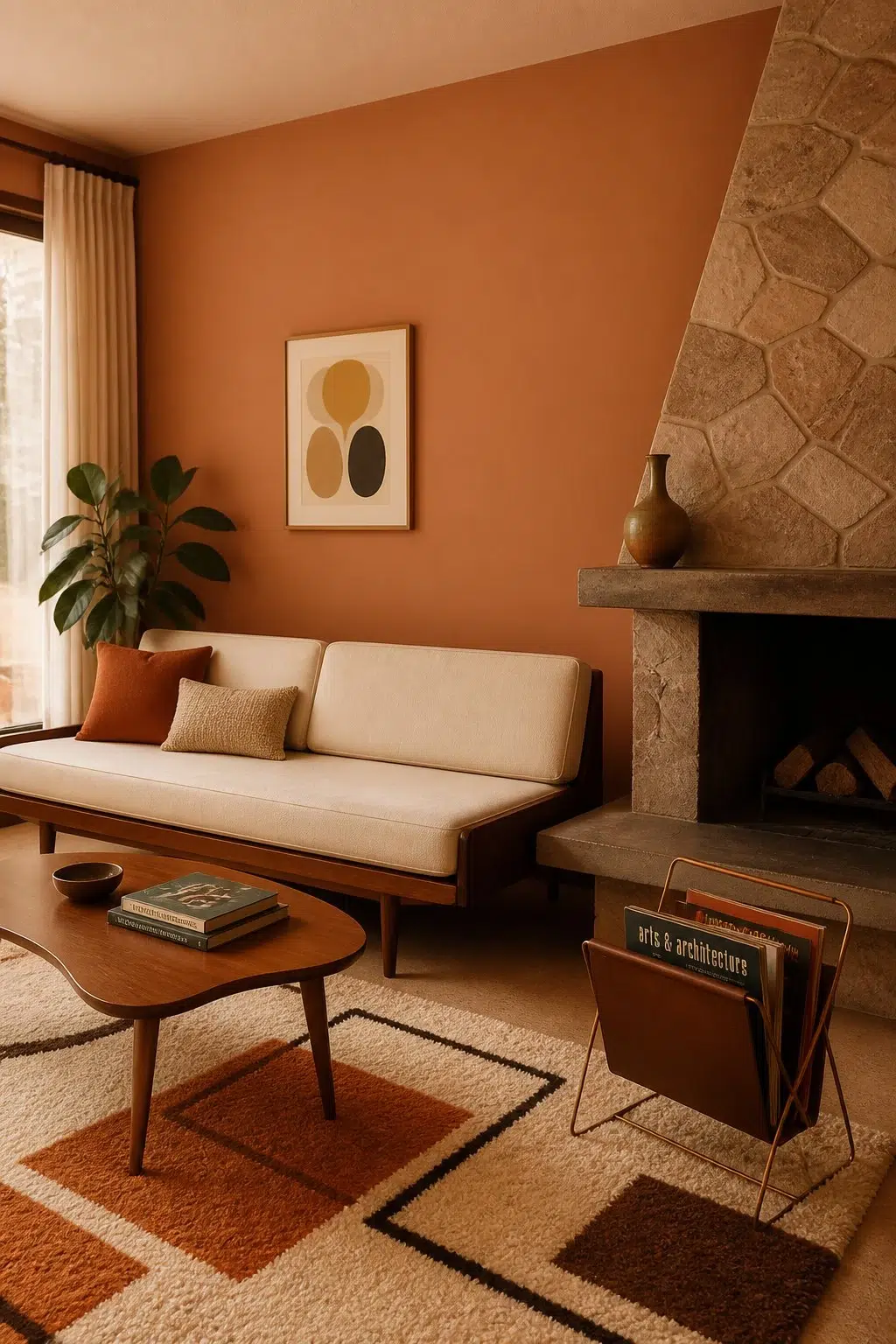 A mid century living room painted in Armagnac