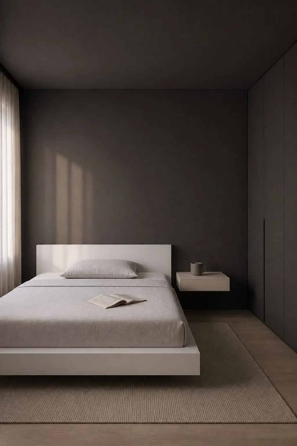 A minimalist bedroom painted in Armory