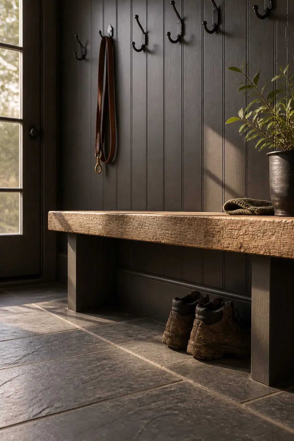 Armory paint in a rustic modern mudroom