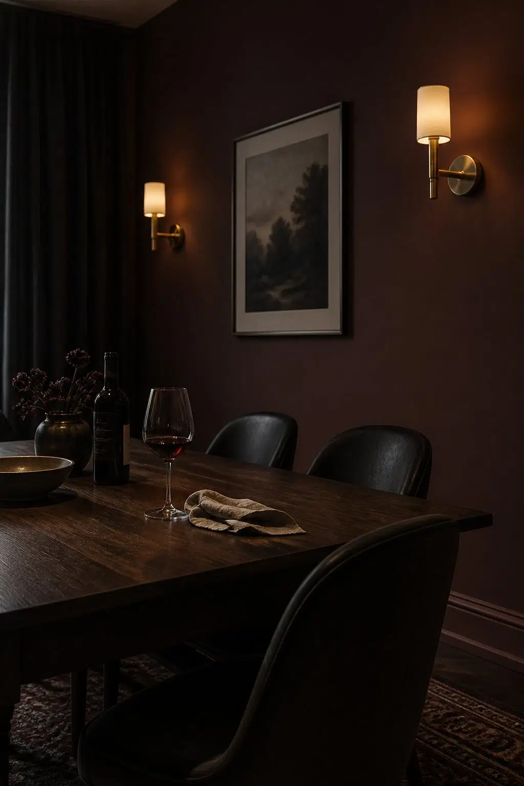 Arresting Auburn paint in a moody dining room