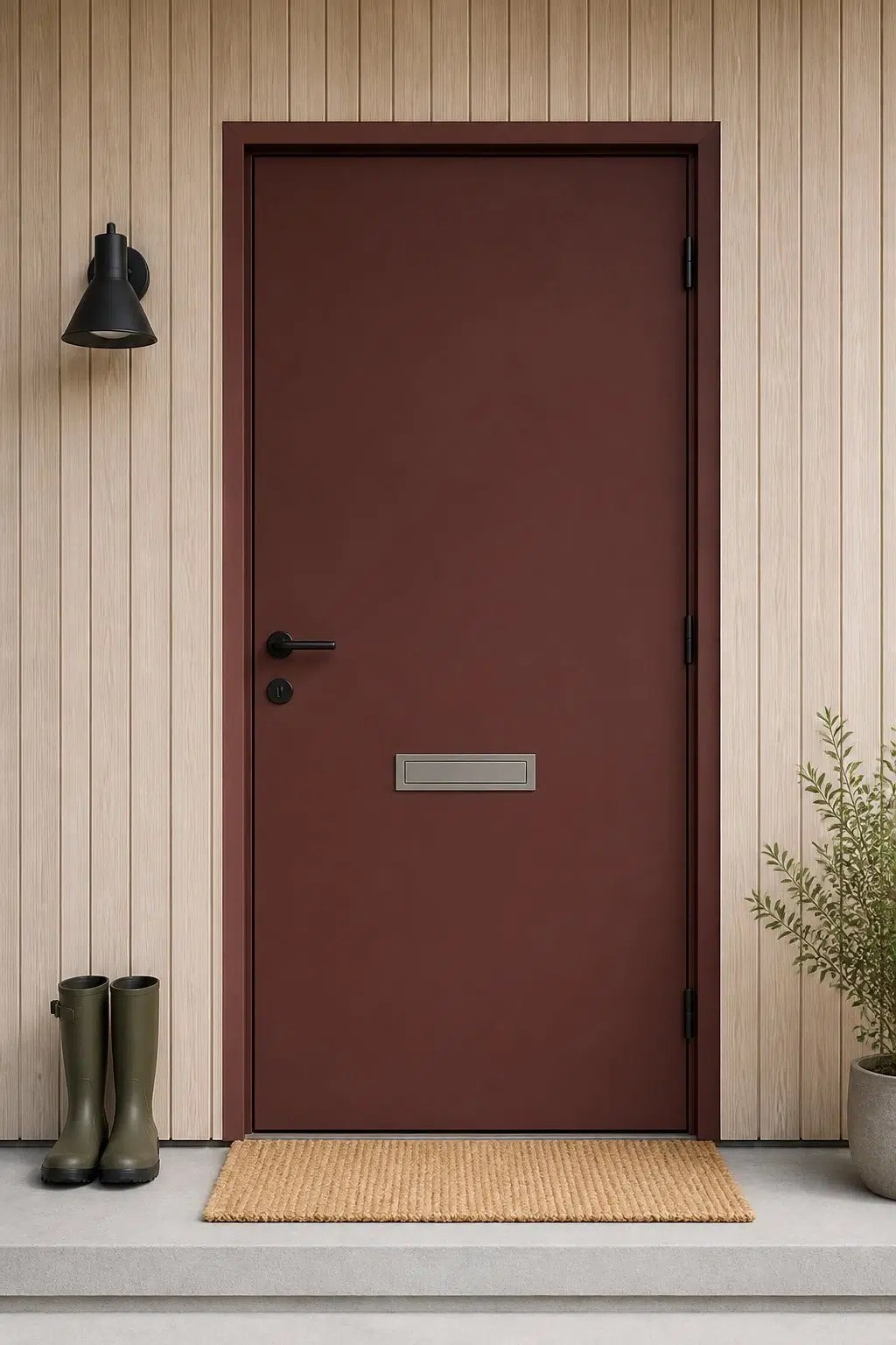 scandinavian front door featuring Arresting Auburn by Sherwin-Williams