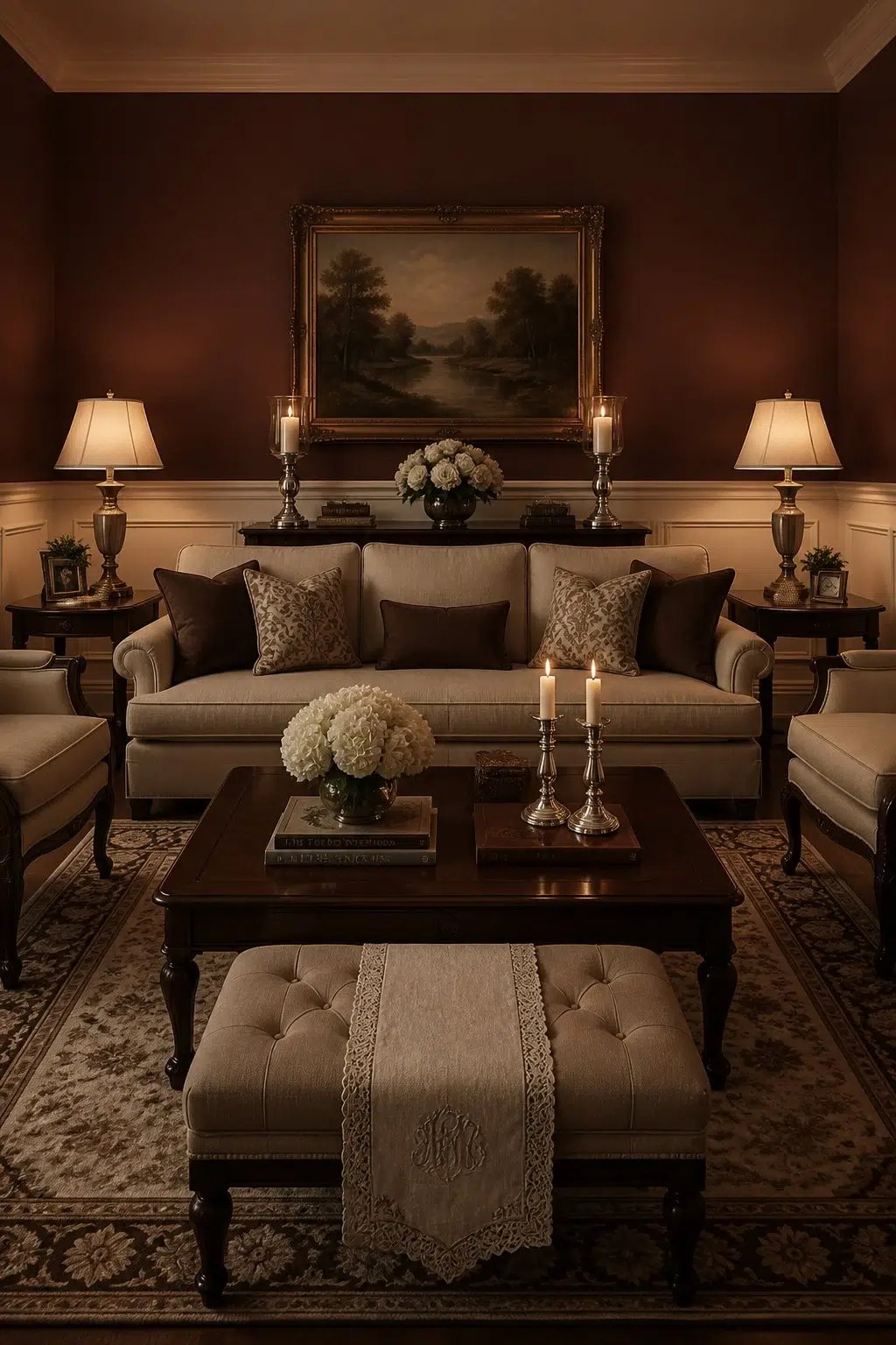 A traditional living room painted in Arresting Auburn