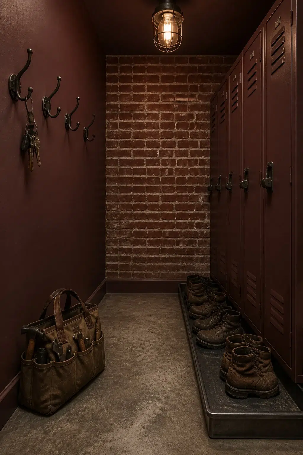 Arresting Auburn paint in a industrial mudroom