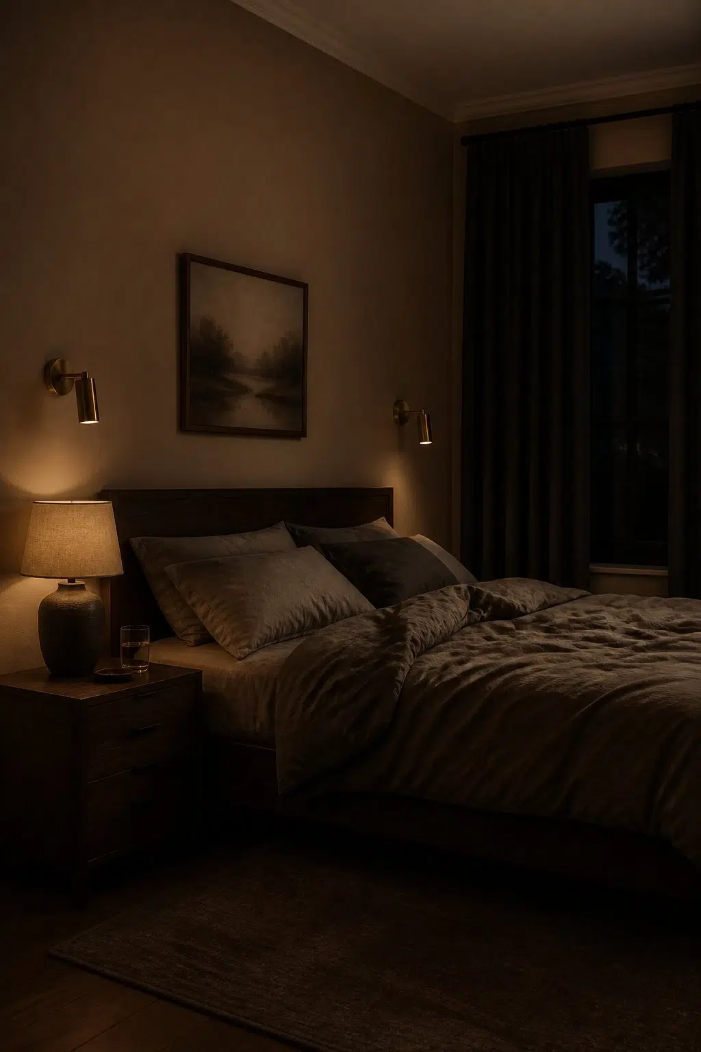 A moody bedroom painted in Artifact