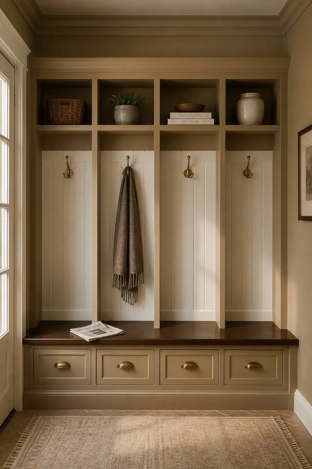 Artifact paint in a traditional mudroom