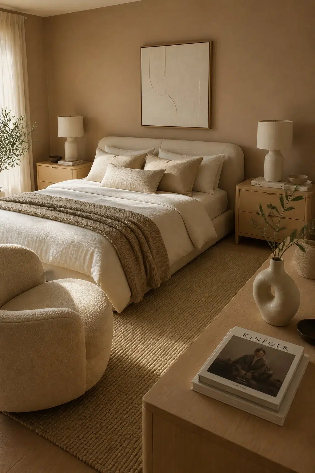 A organic modern bedroom painted in Artisan Tan