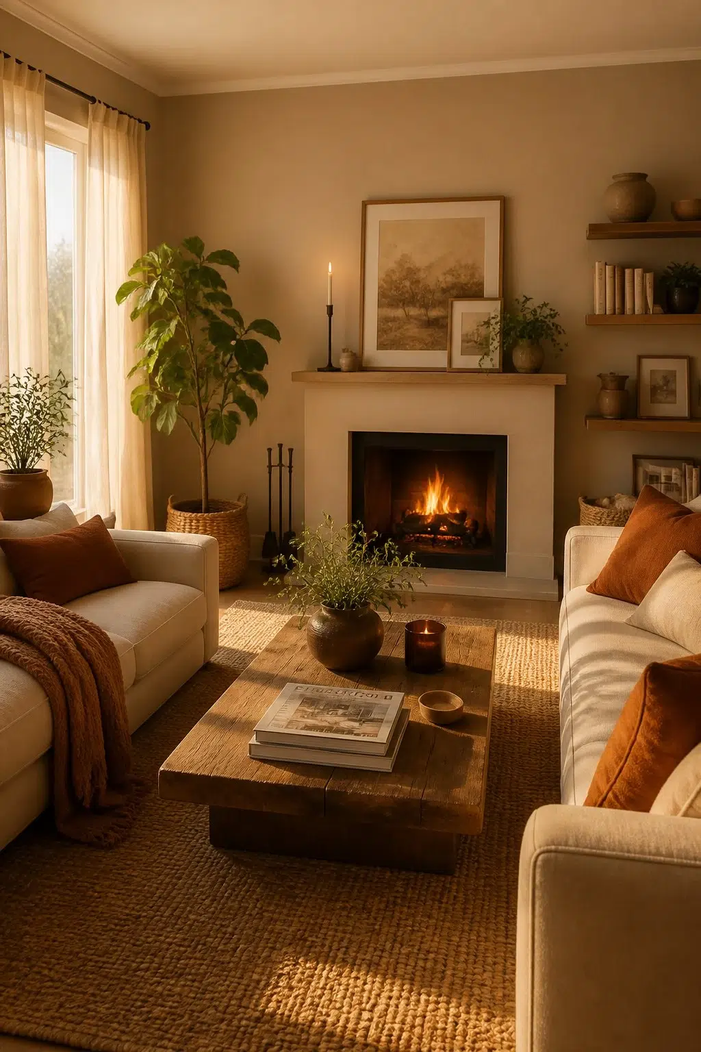 A cozy living room painted in Artisan Tan