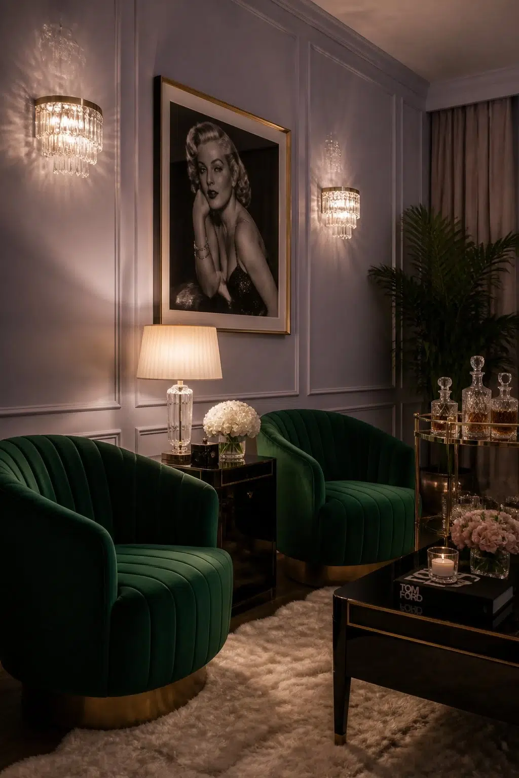 A hollywood regency living room painted in Ash Violet