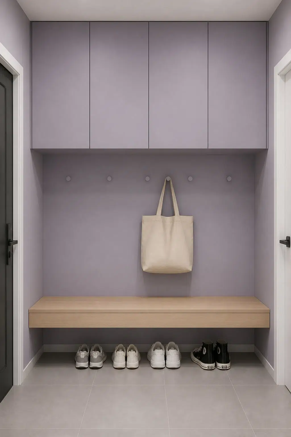 Ash Violet paint in a neutral mudroom
