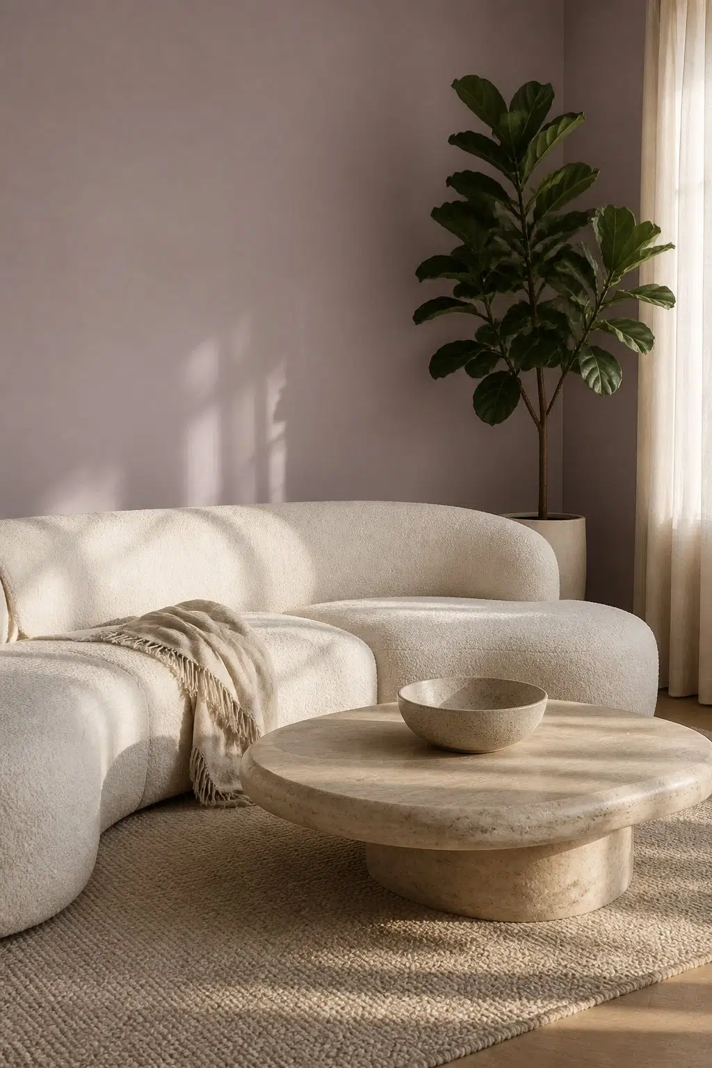 A organic modern living room painted in Auger Shell