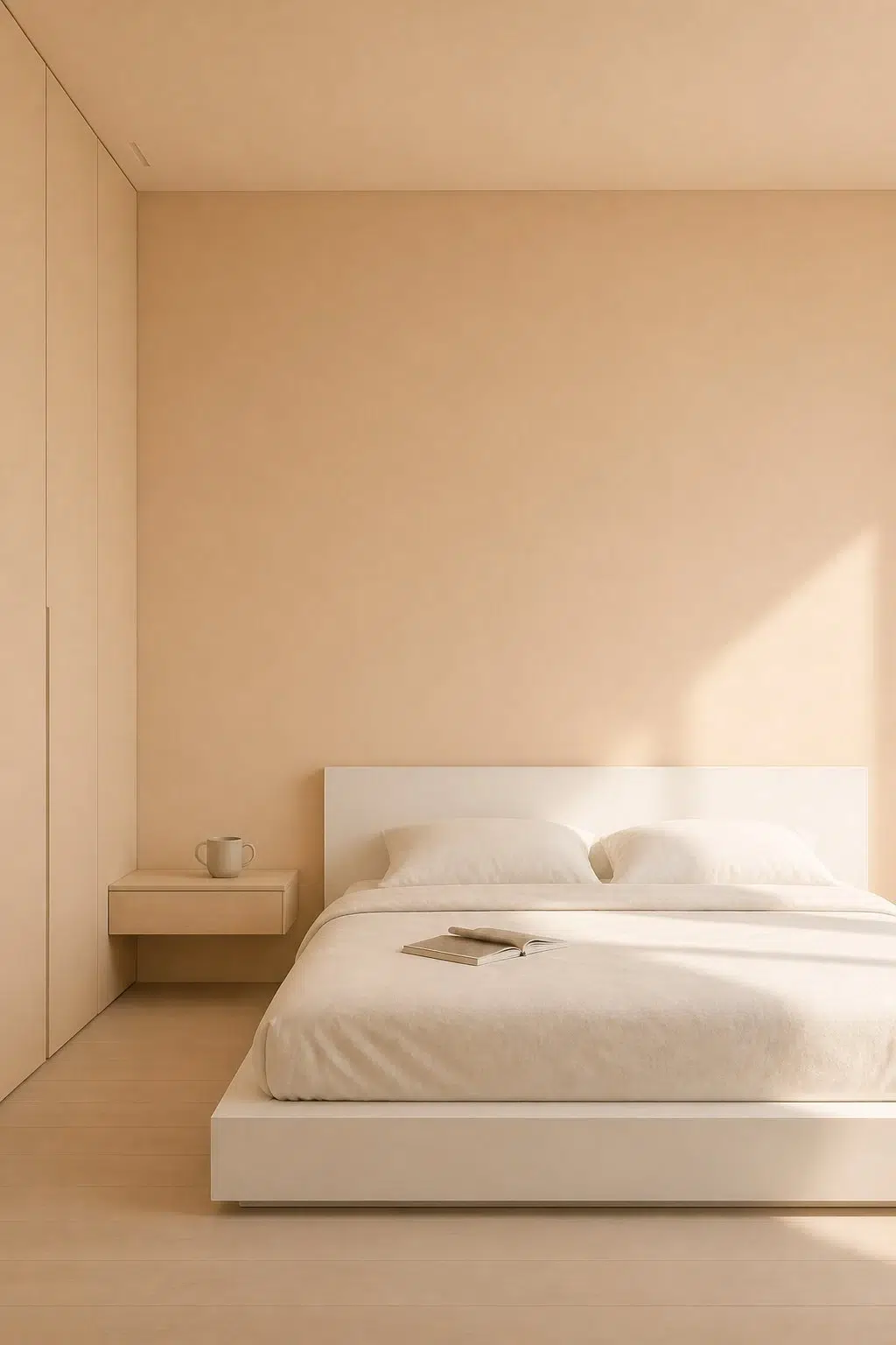 A minimalist bedroom painted in August Moon