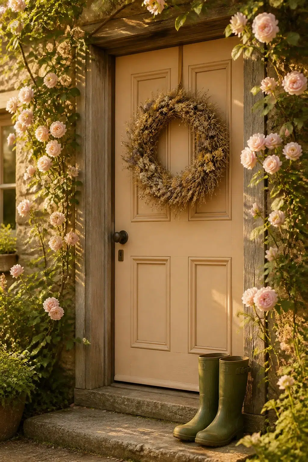 cottagecore front door featuring August Moon by Sherwin-Williams