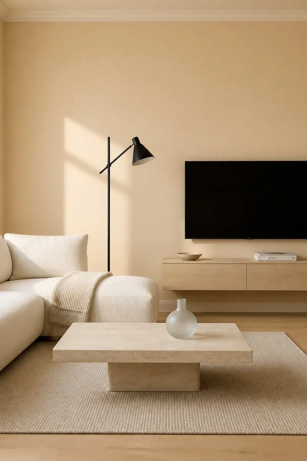 A minimalist living room painted in August Moon