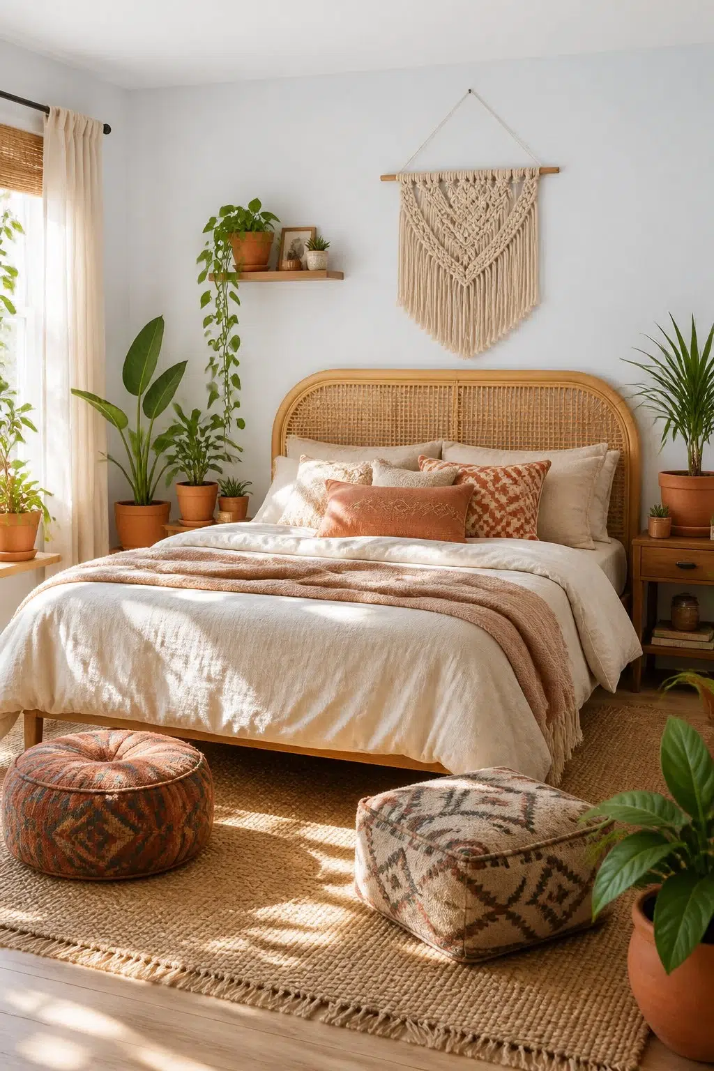 A boho bedroom painted in Aura White