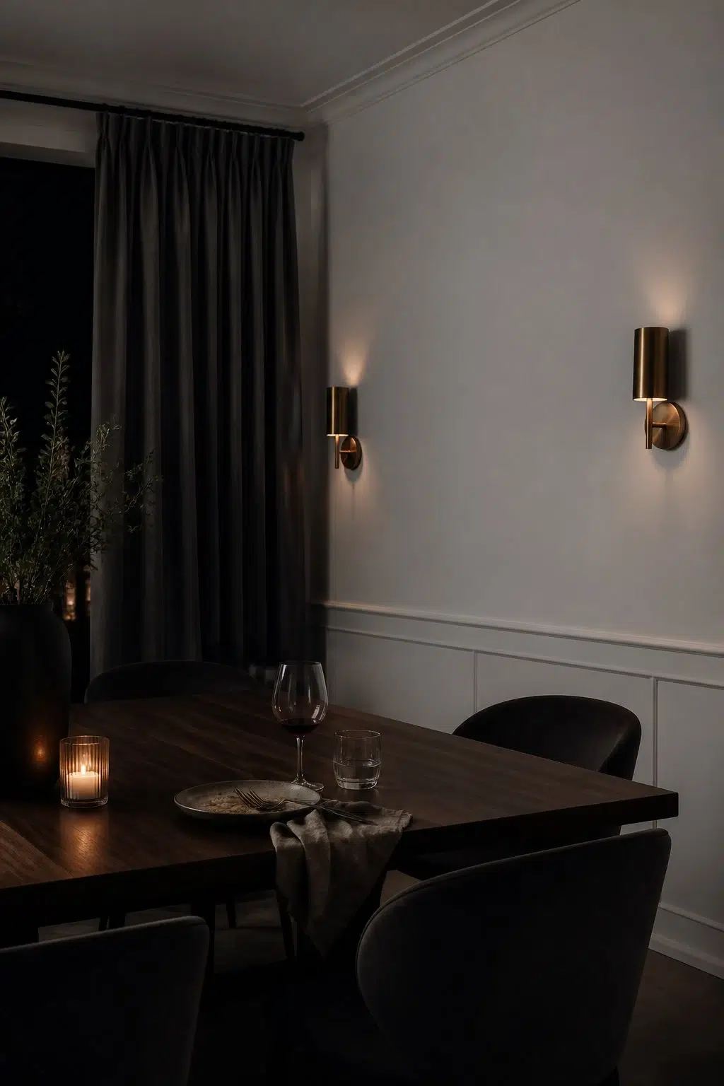 Aura White paint in a moody dining room