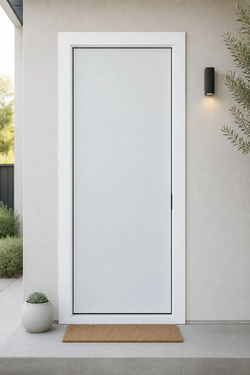 minimalist front door featuring Aura White by Sherwin-Williams