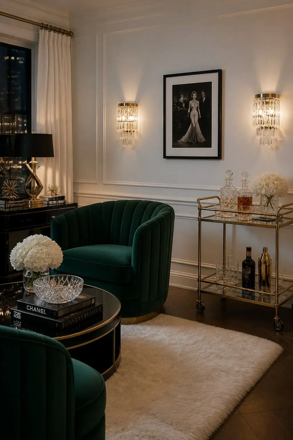 A hollywood regency living room painted in Aura White