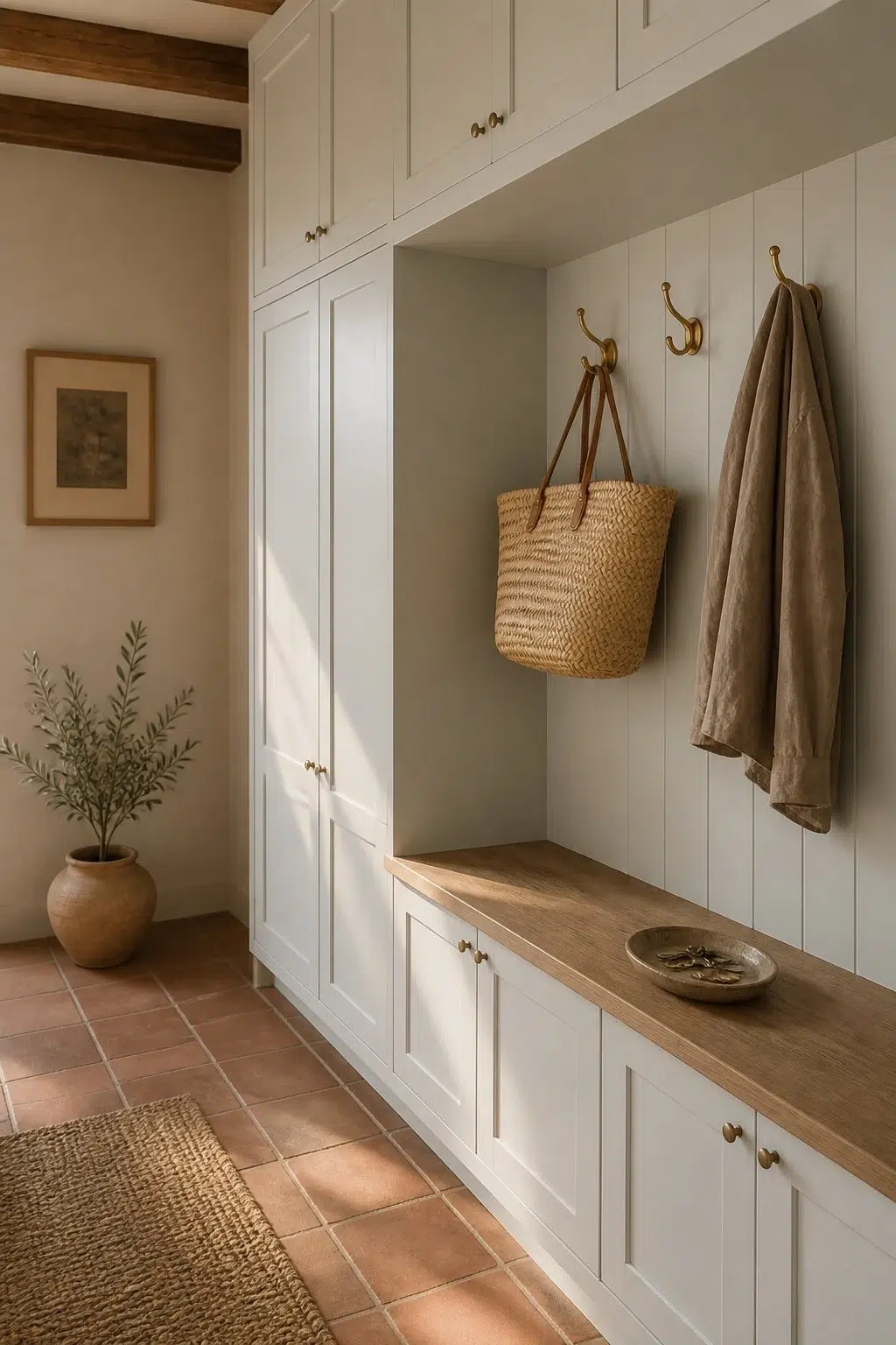 Aura White paint in a earthy mudroom