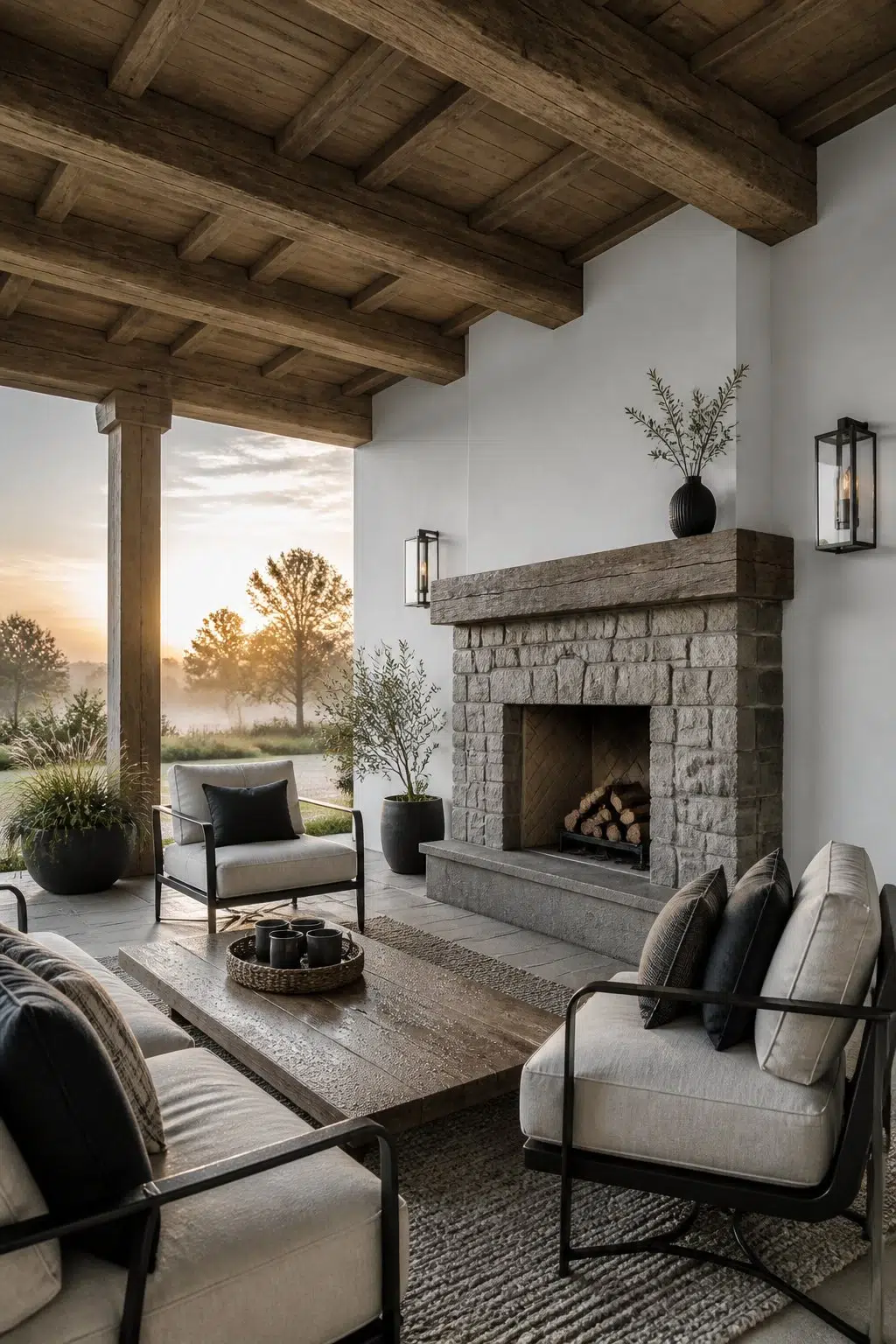 rustic modern patio featuring Aura White by Sherwin-Williams