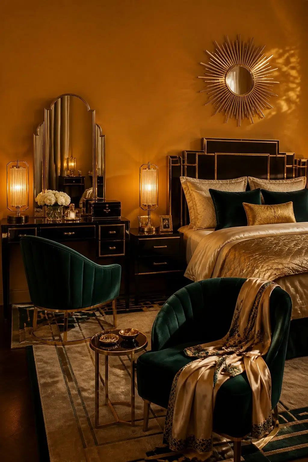 A art deco bedroom painted in Auric