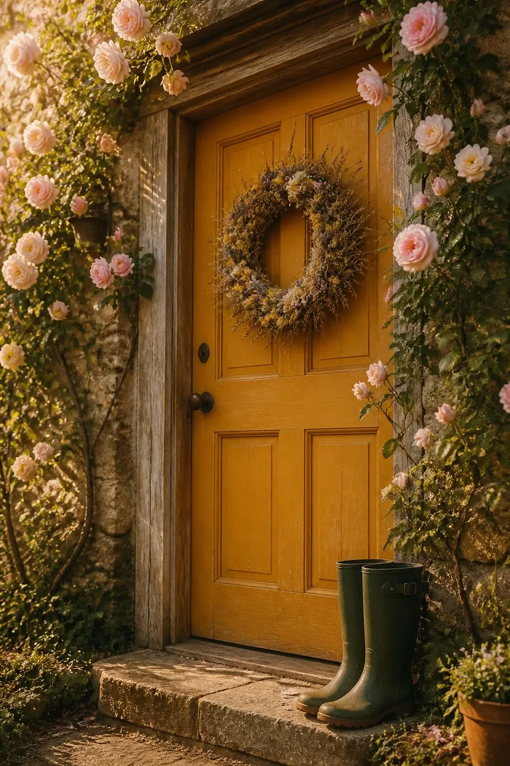 cottagecore front door featuring Auric by Sherwin-Williams