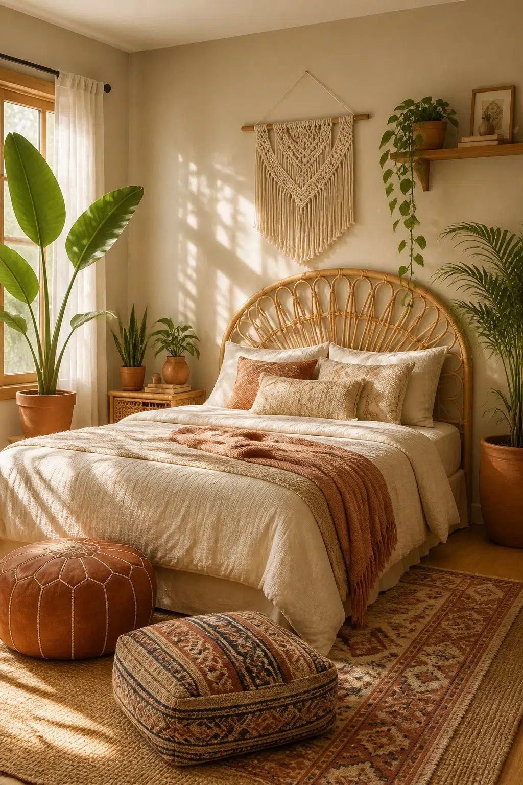 A boho bedroom painted in Avenue Tan