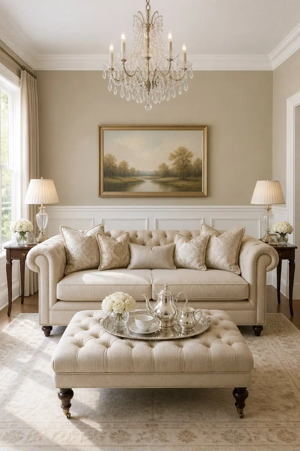 A elegant living room painted in Avenue Tan