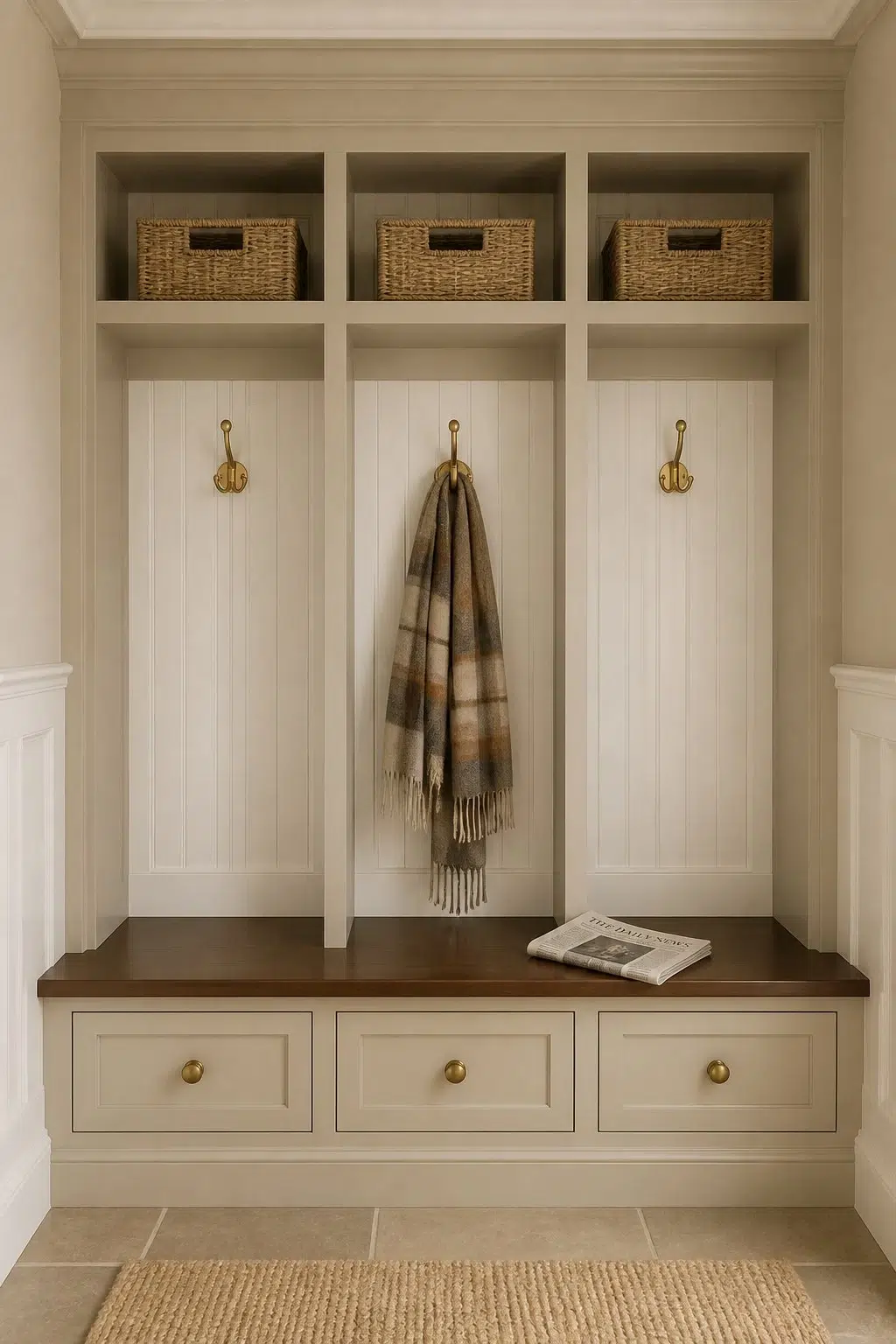 Avenue Tan paint in a traditional mudroom
