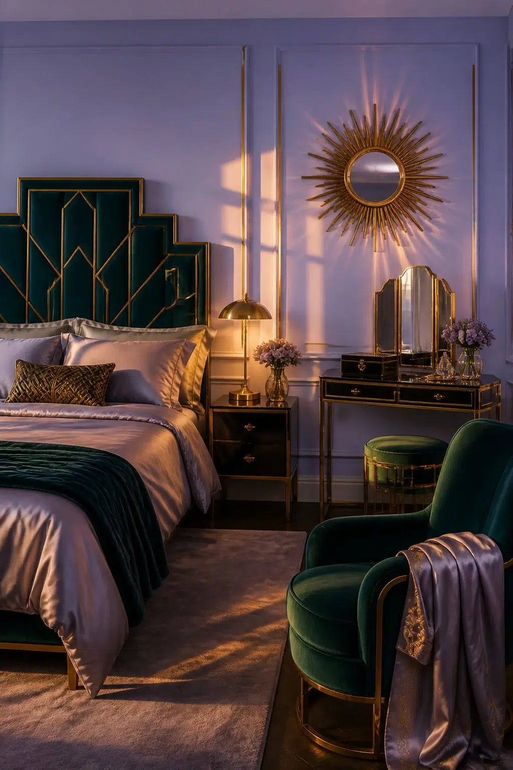 A art deco bedroom painted in Awesome Violet
