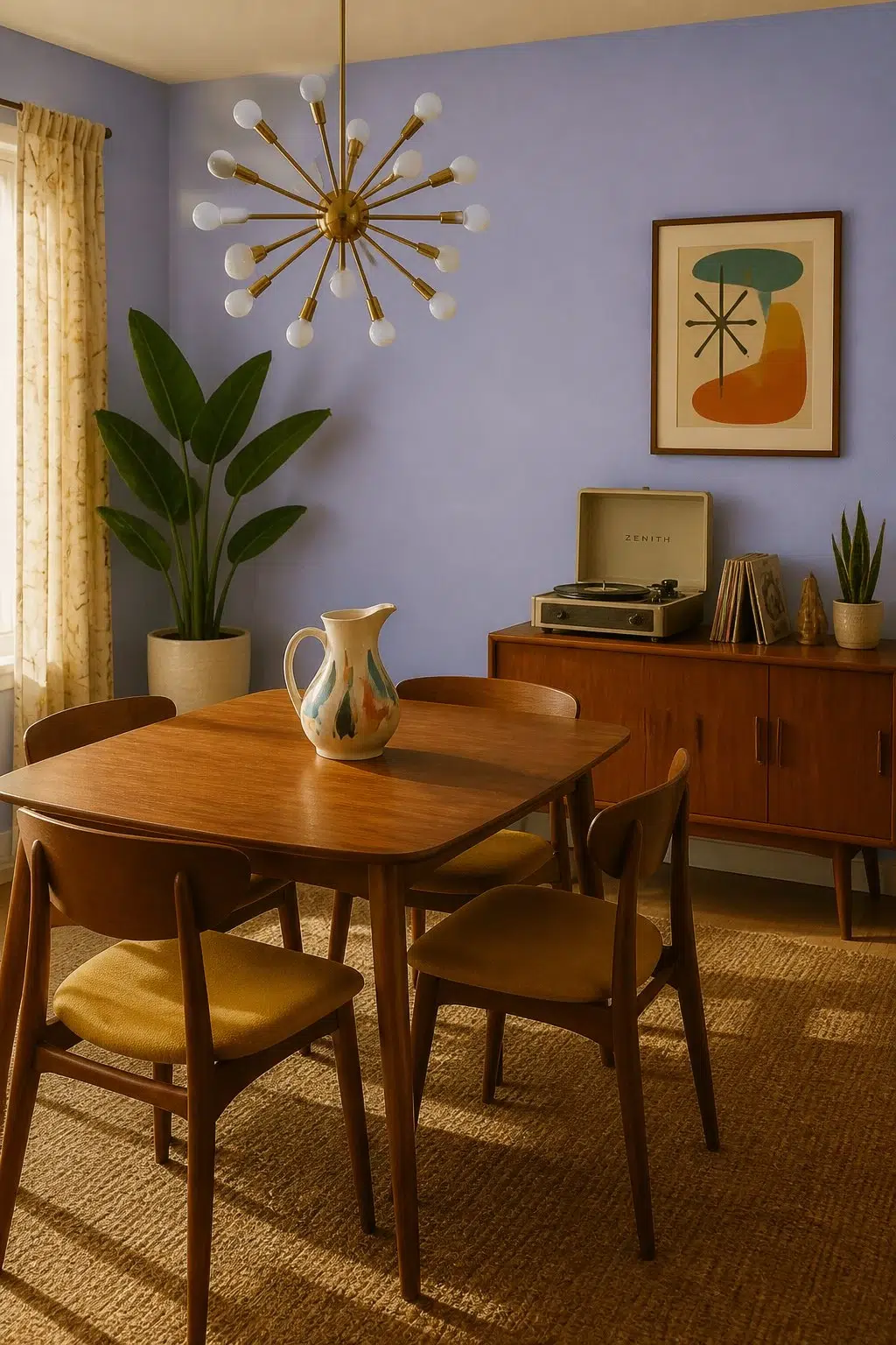 Awesome Violet paint in a mid century dining room