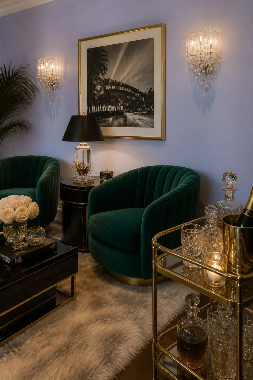 A hollywood regency living room painted in Awesome Violet