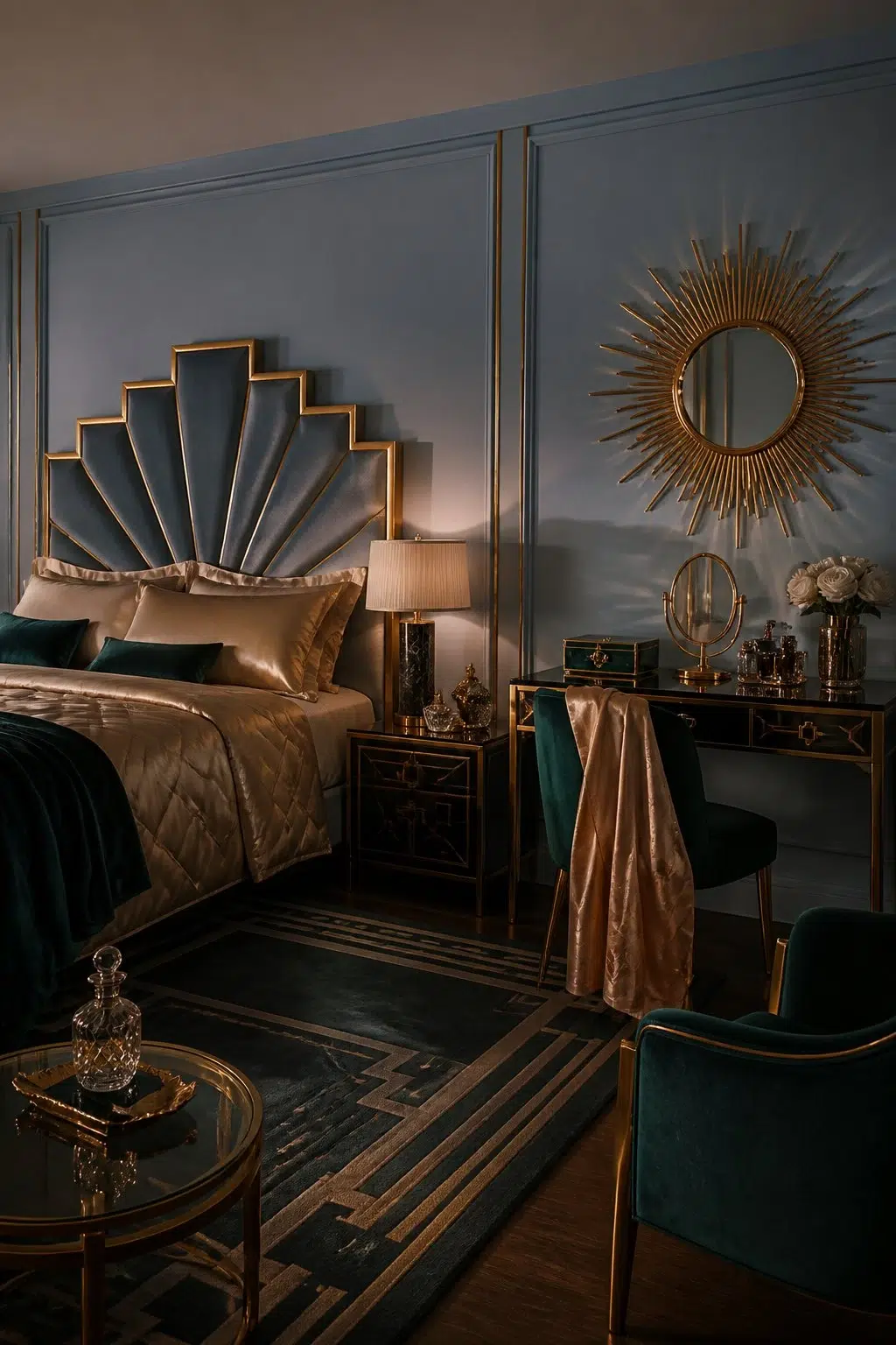 A art deco bedroom painted in Baby Blue Eyes