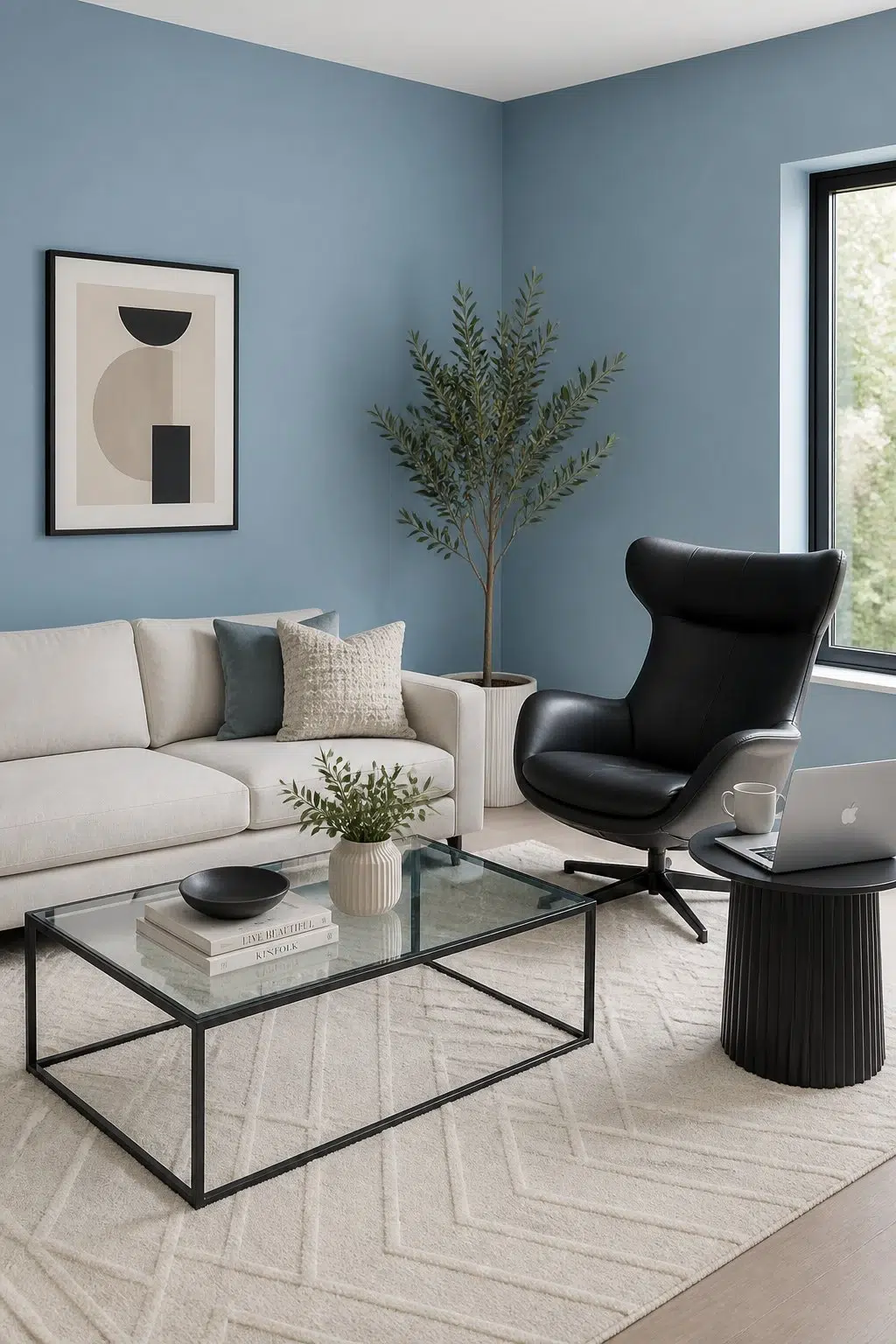 A contemporary living room painted in Baby Blue Eyes