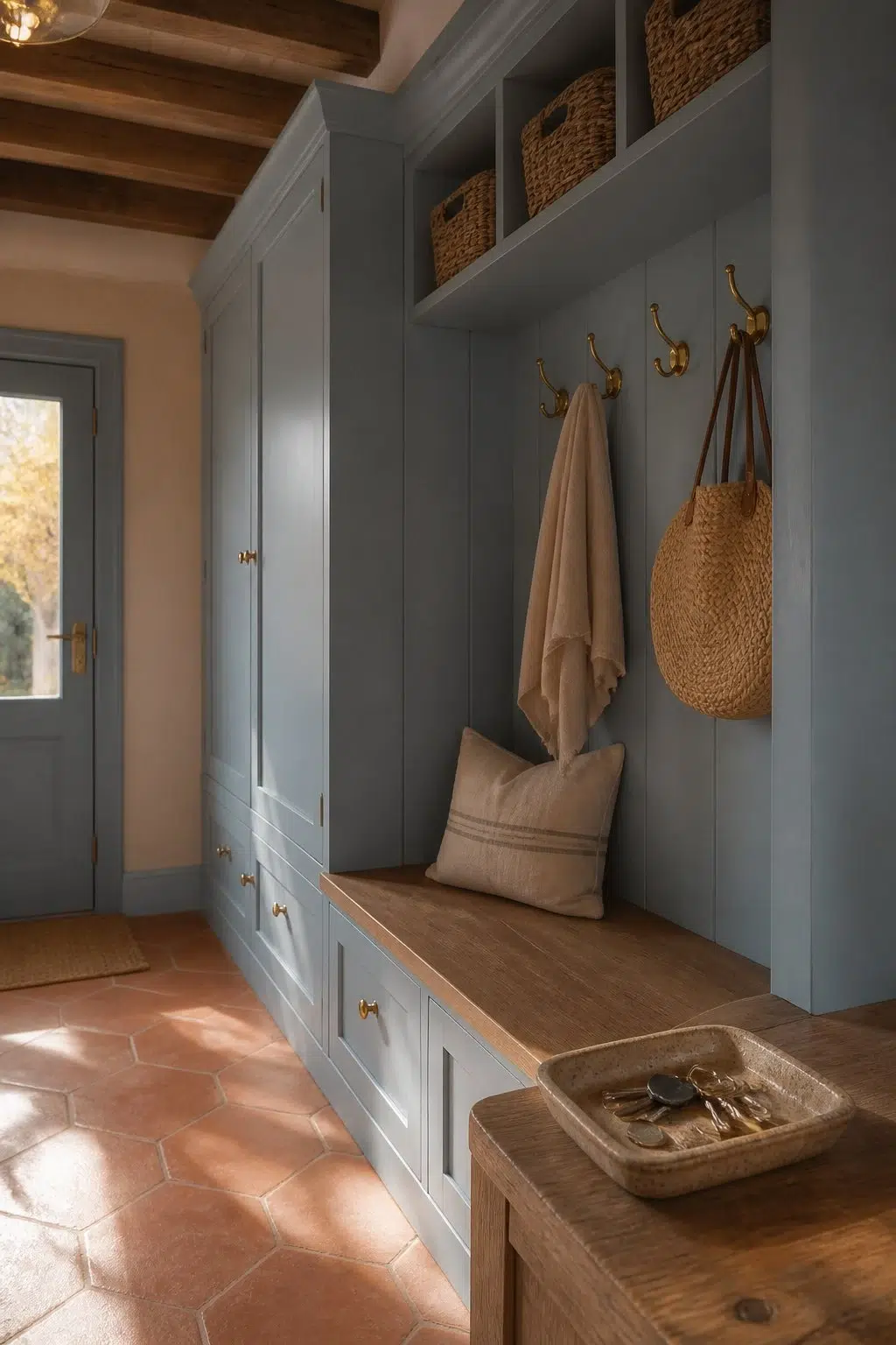 Baby Blue Eyes paint in a earthy mudroom