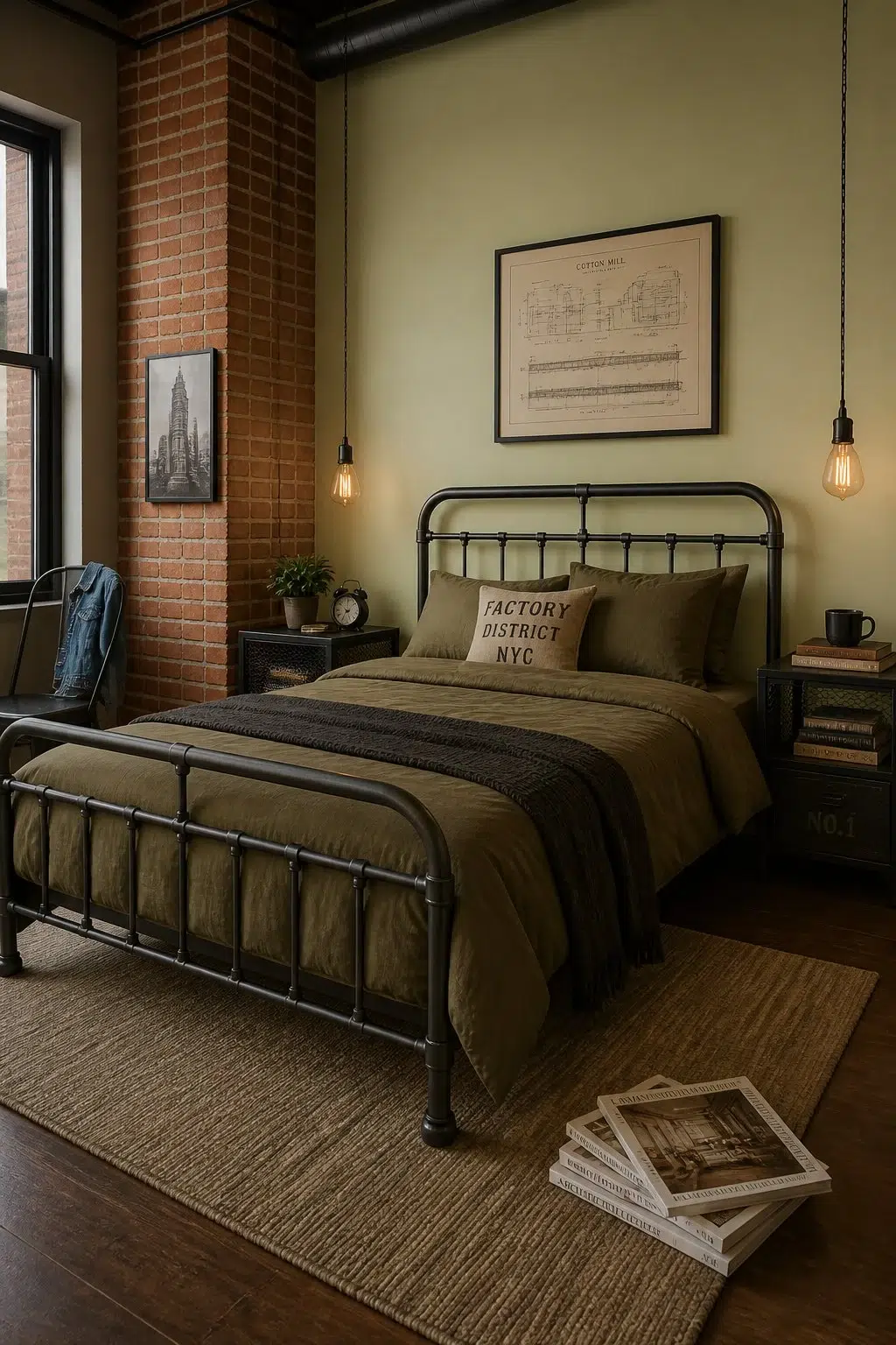 A industrial bedroom painted in Baby Bok Choy