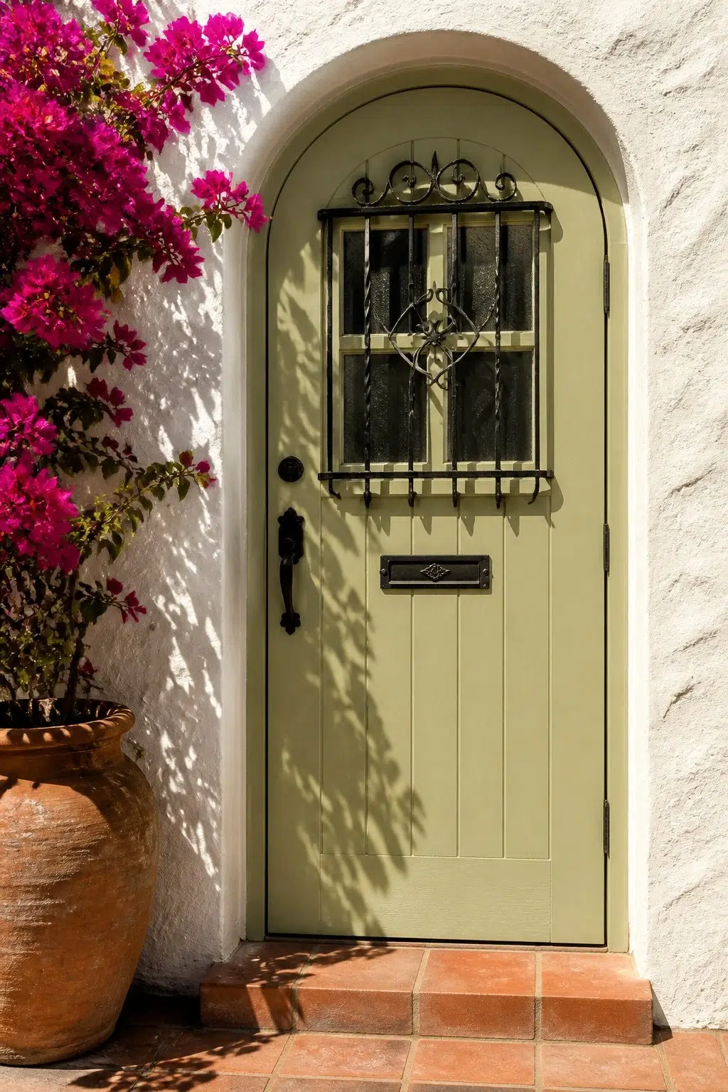mediterranean front door featuring Baby Bok Choy by Sherwin-Williams