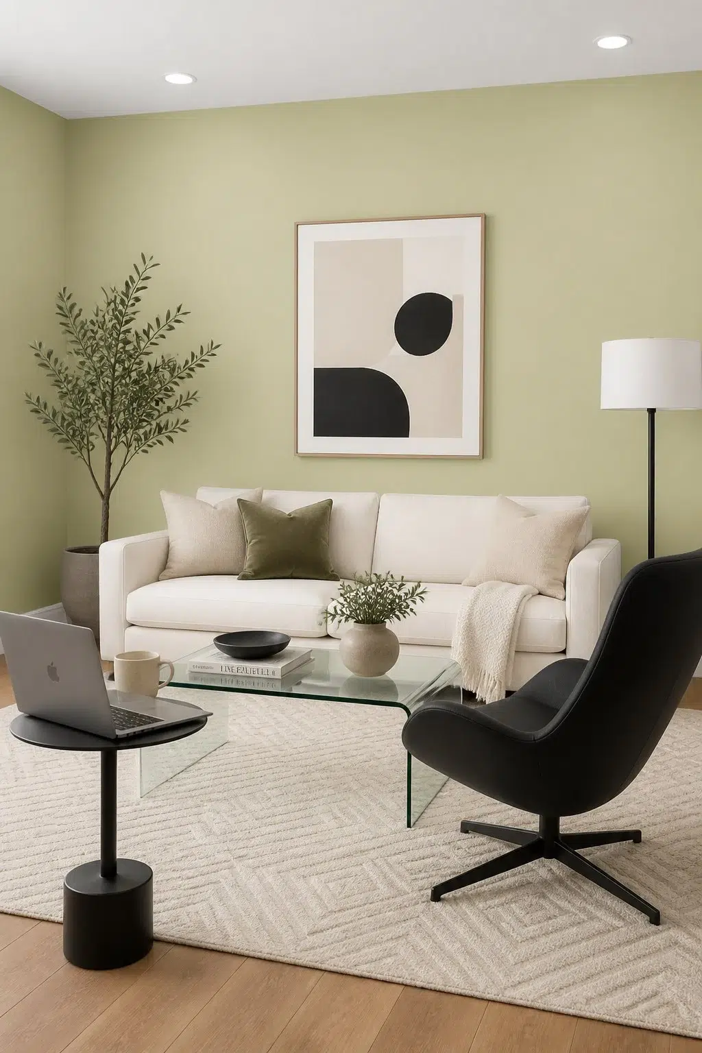 A contemporary living room painted in Baby Bok Choy