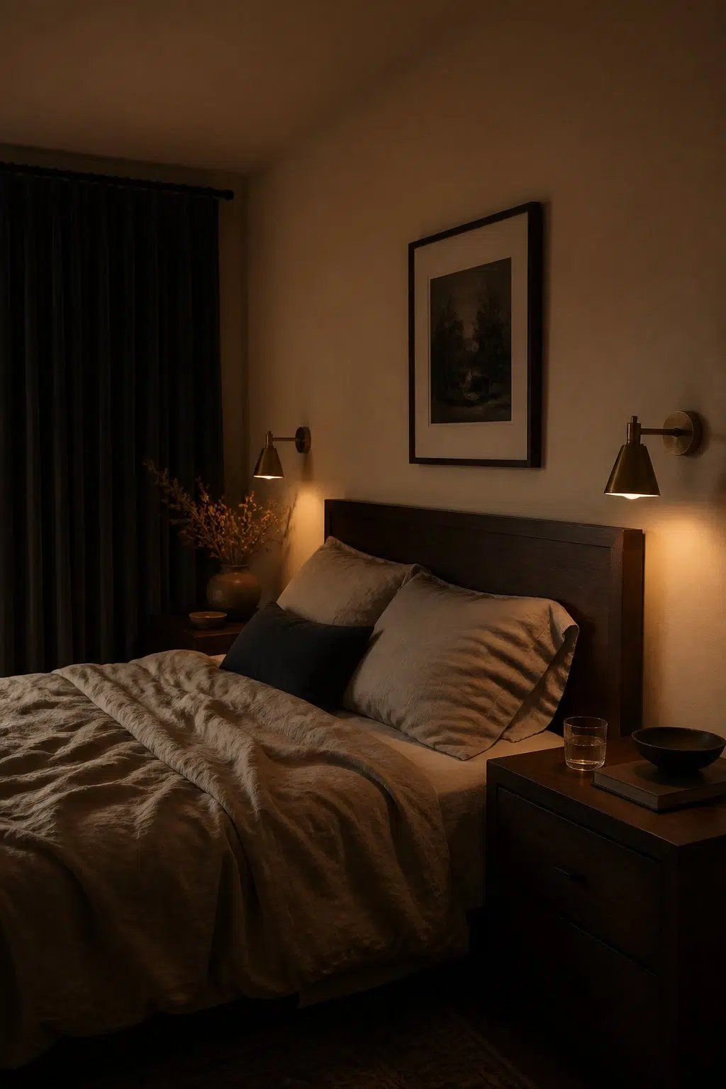 A moody bedroom painted in Bagel