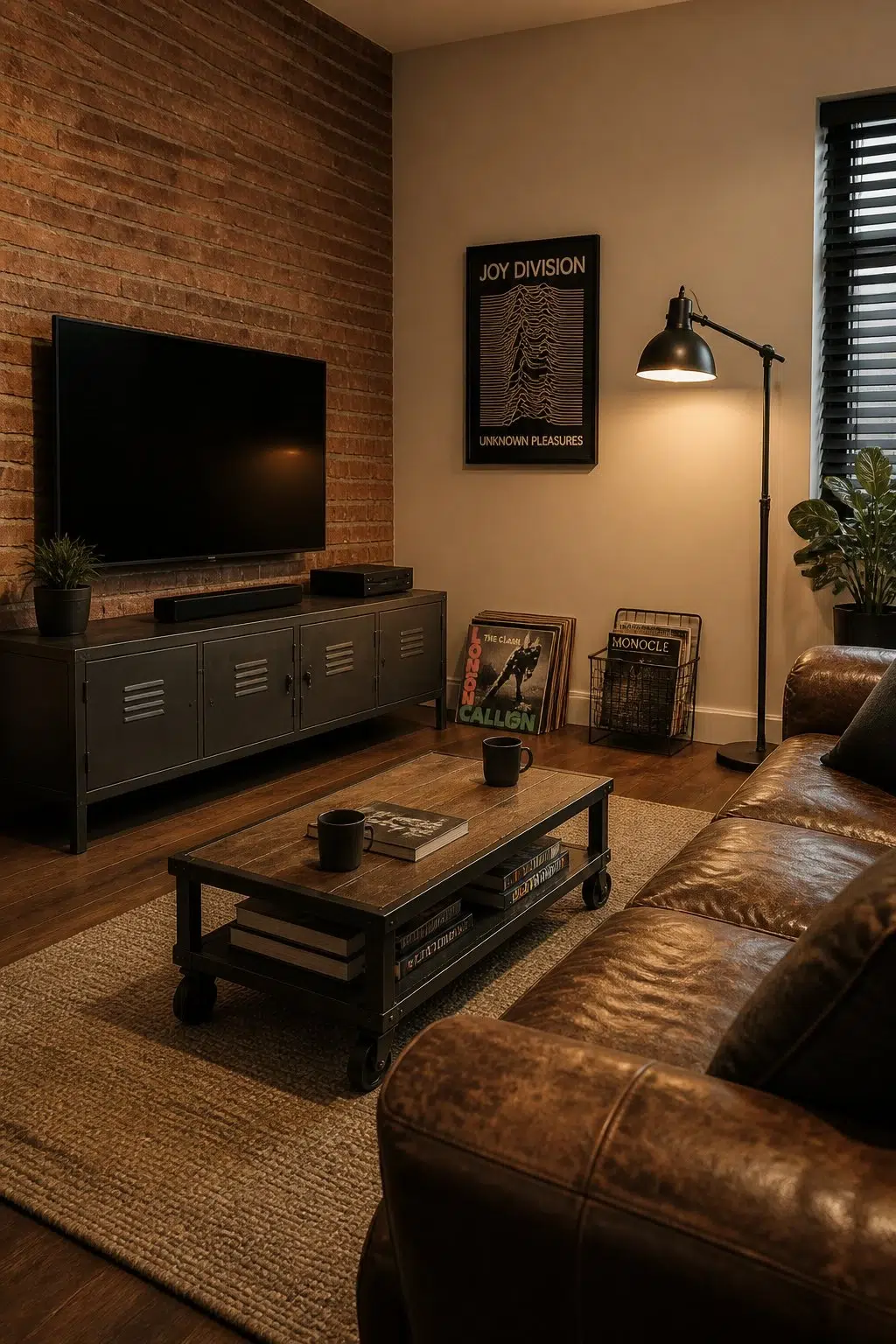 A industrial living room painted in Bagel