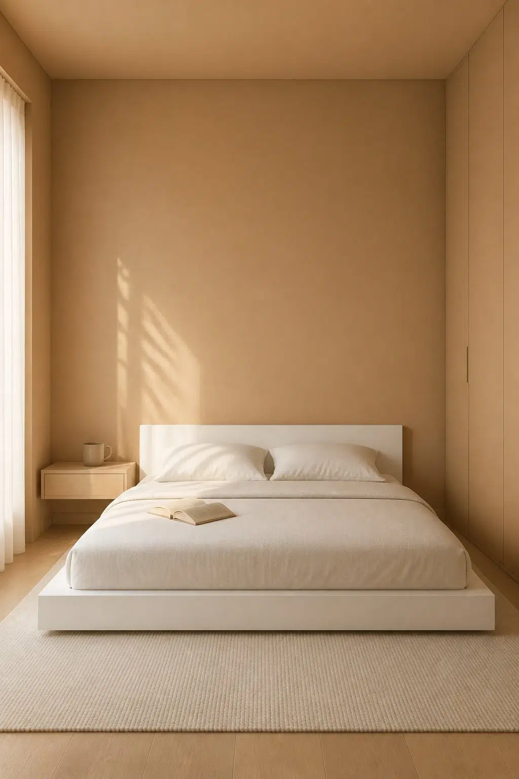A minimalist bedroom painted in Baguette