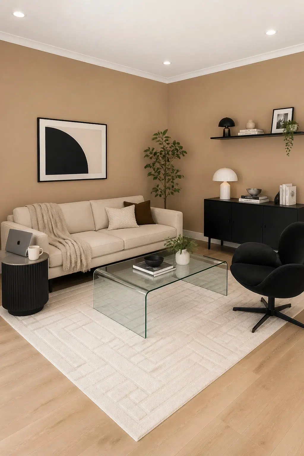 A contemporary living room painted in Baguette