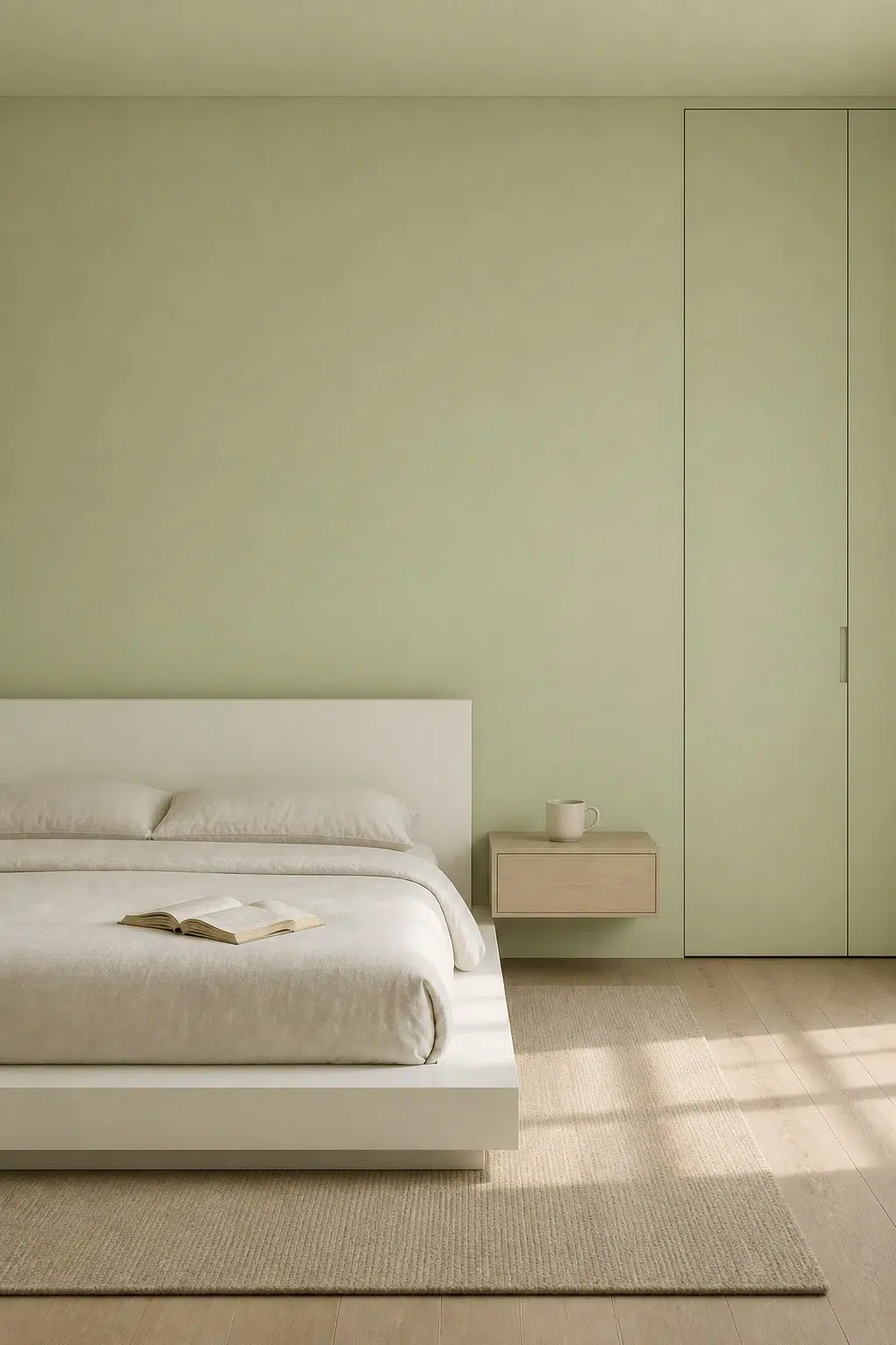 A minimalist bedroom painted in Baize Green