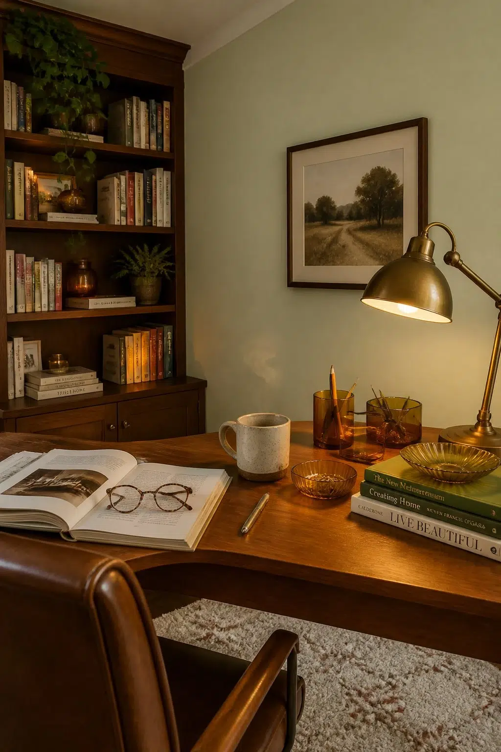 Sherwin-Williams Baize Green in a warm home office
