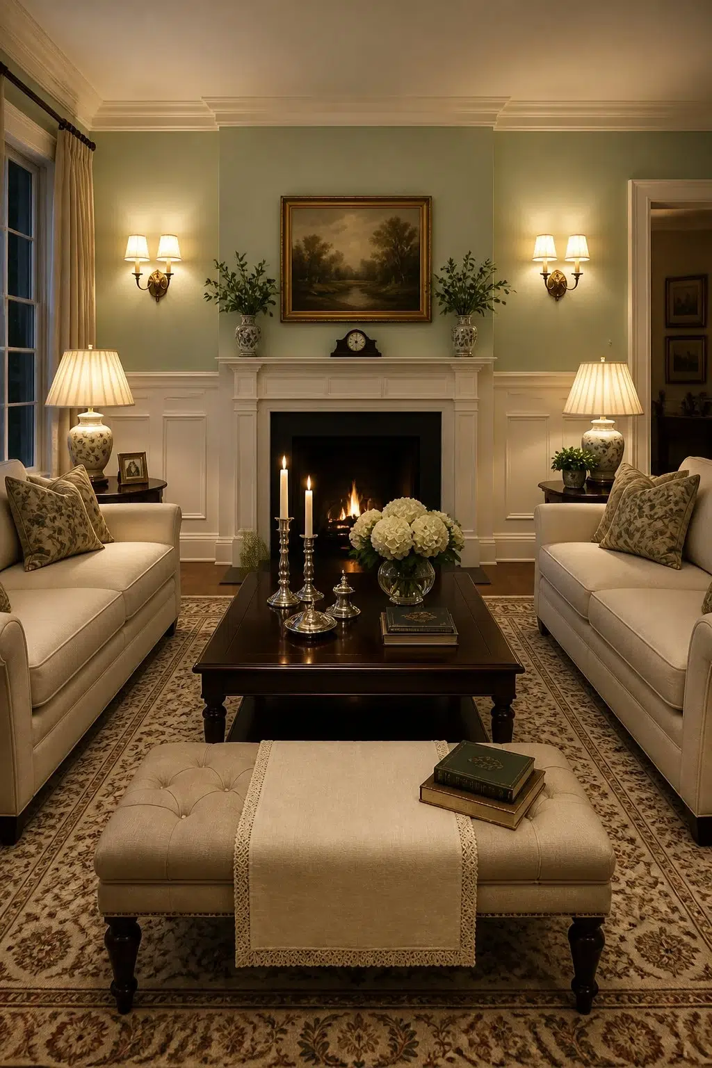 A traditional living room painted in Baize Green