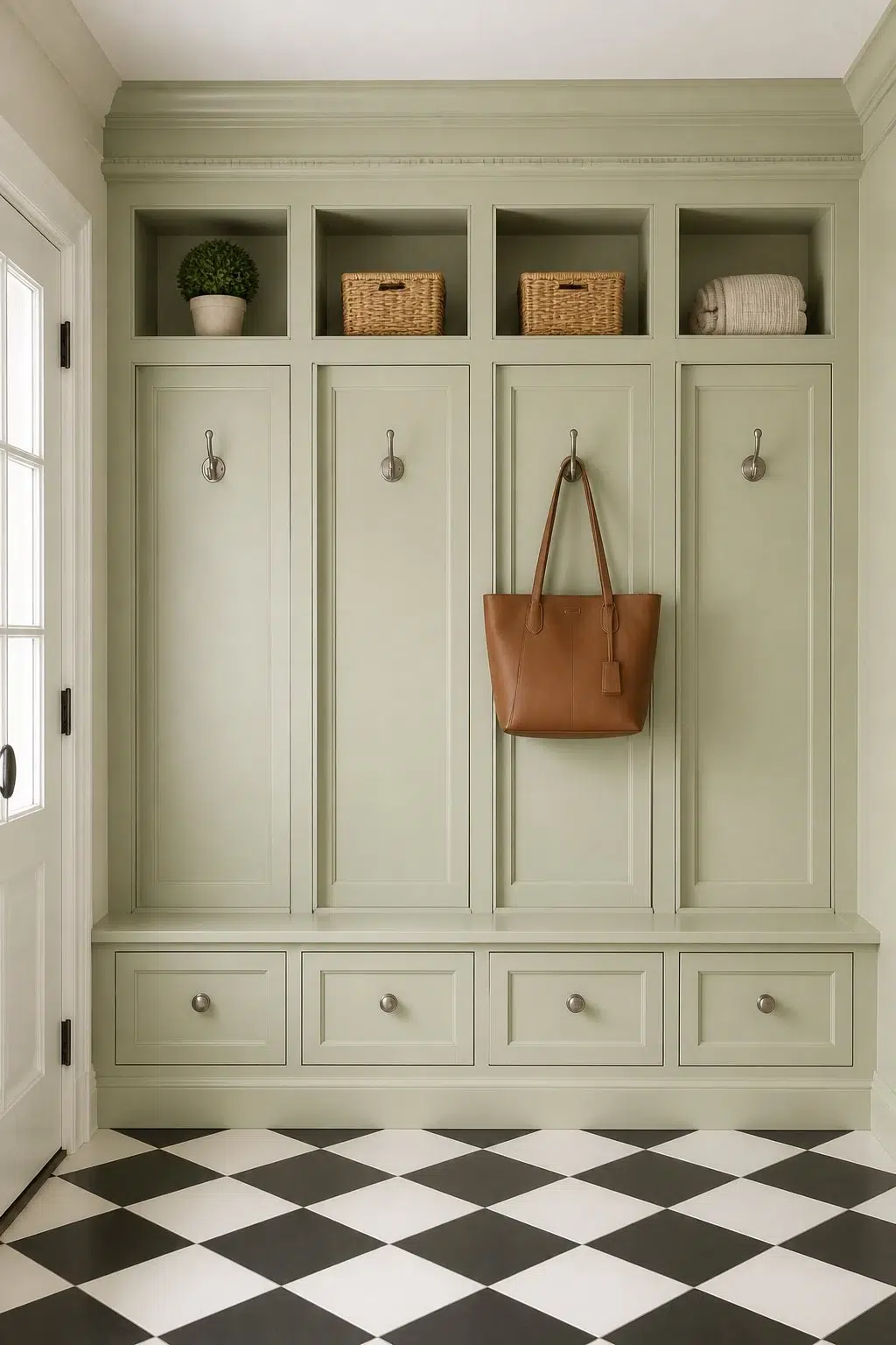 Baize Green paint in a classy mudroom