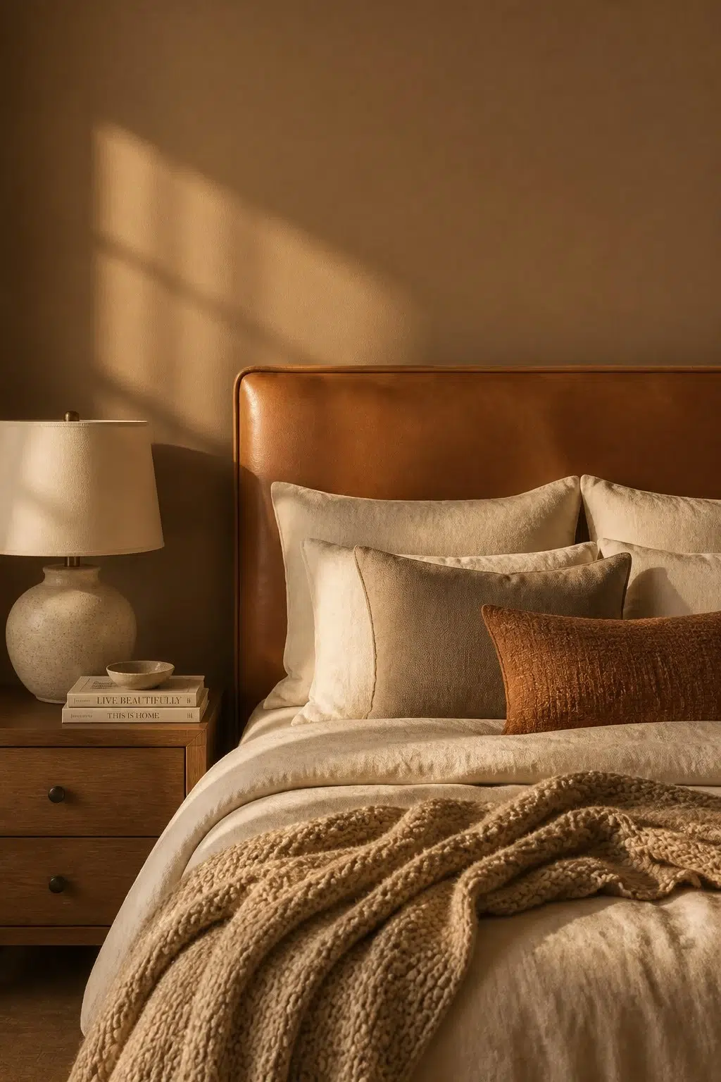 A cozy bedroom painted in Baked Cookie