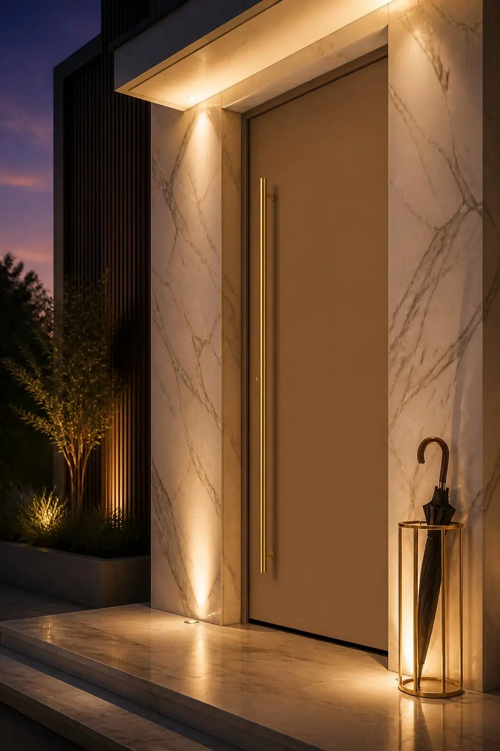 modern luxury front door featuring Baked Cookie by Sherwin-Williams