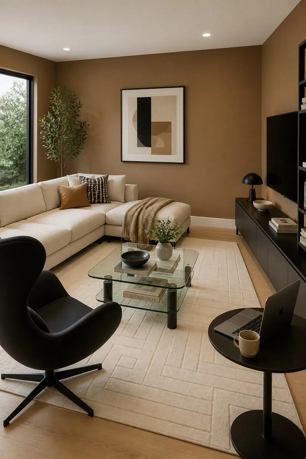 A contemporary living room painted in Baked Cookie