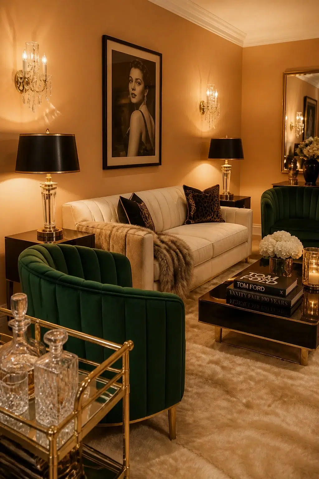 A hollywood regency living room painted in Bakelite Gold